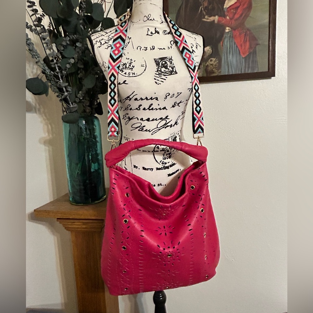 EUC Furla Laser Cut Leather Fuchsia Hobo Bag with unbranded guitar strap